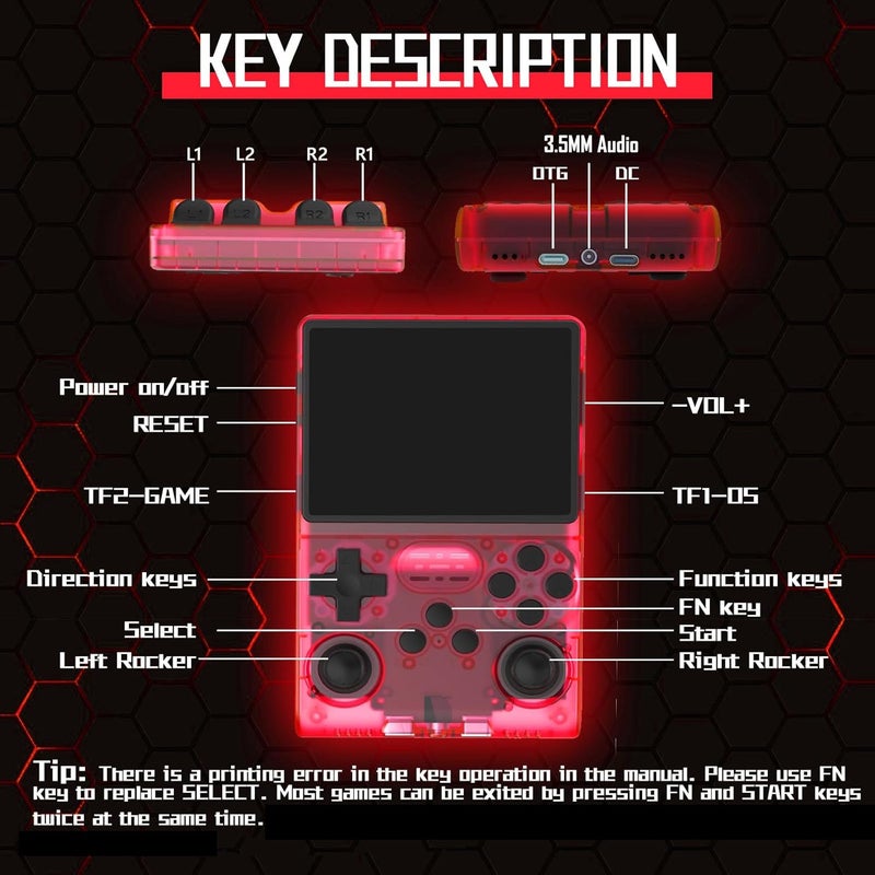 FVBADE [30000 in 1] R40S PRO Handheld Game Console 3.5 inch IPS Screen Mini Retro Console 3800mAh Portable Pocket Arcade 45+ Mainstream Emulator 256G TF Card Transparent.(Red) - Image 4